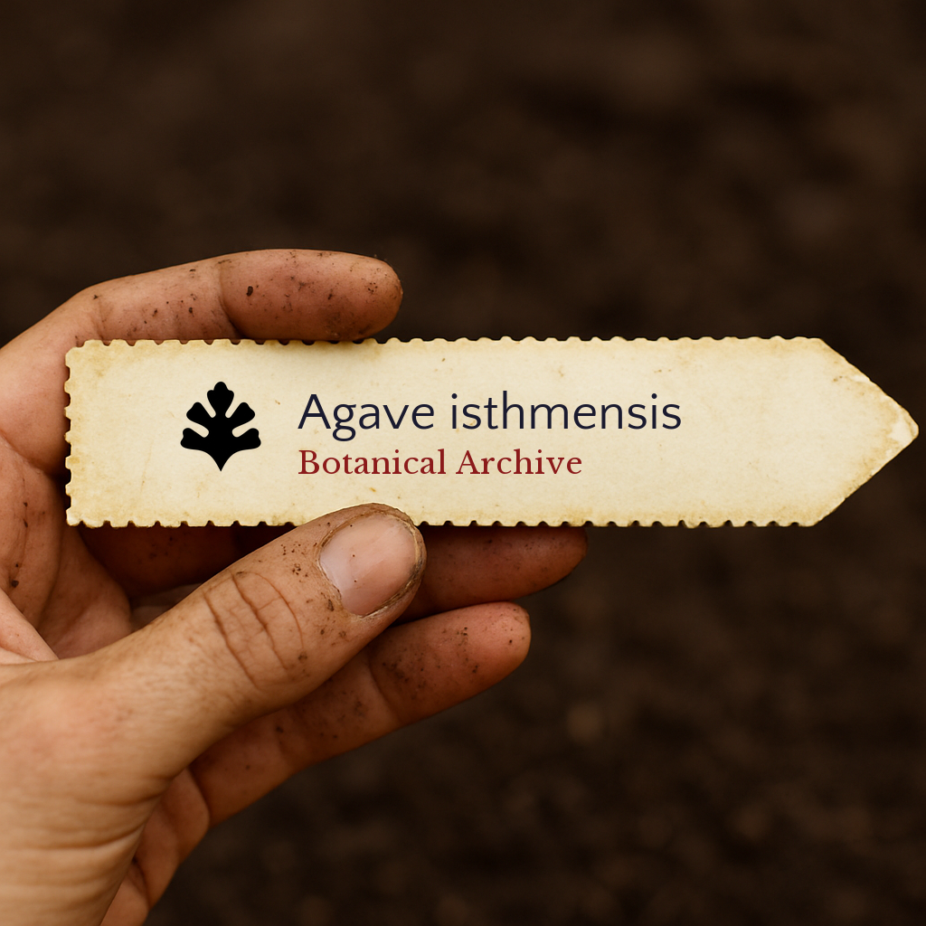 Printed plant label for Agave isthmensis held by dirty hand over soil background