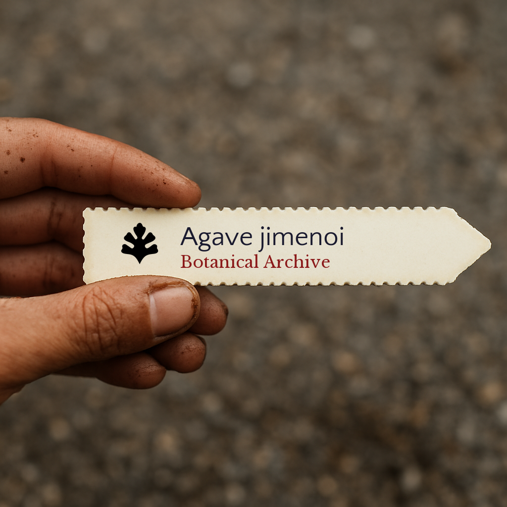 Printed plant label for Agave jimenoi held by hand with dirt background