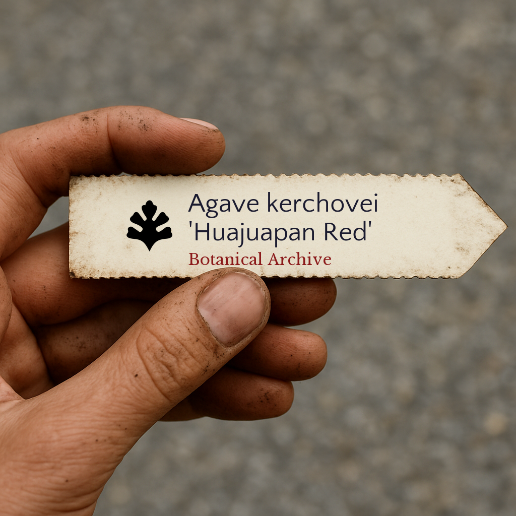 Etichetta per pianta stampata di Agave kerchovei 'Huajuapan Red' tenuta in mano con terra sulle dita