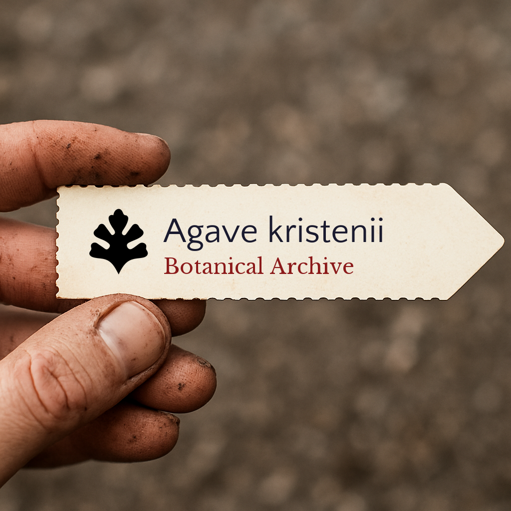 Printed plant label for Agave kristenii with botanical archive logo held by dirty hand