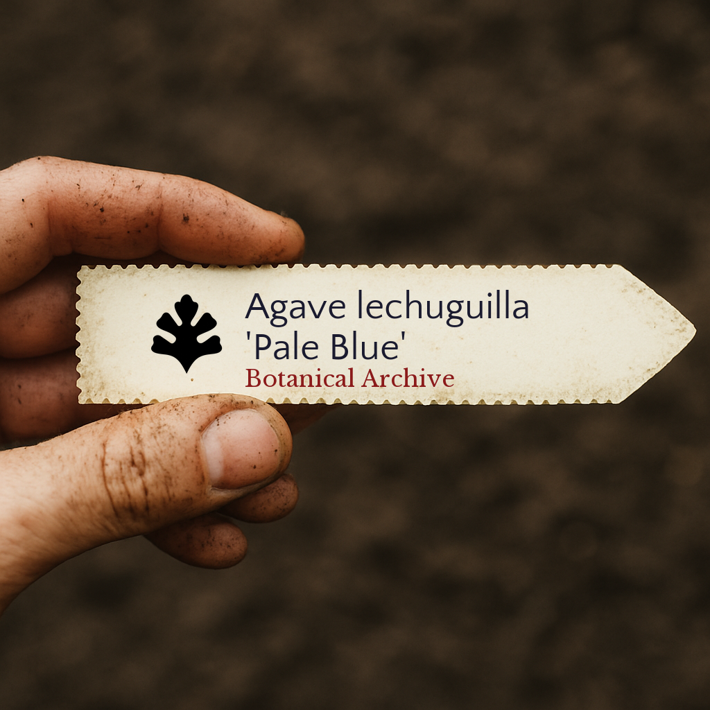 Etichetta a stampa per pianta Agave lechuguilla 'Pale Blue' tenuta da una mano sporca su sfondo di terreno