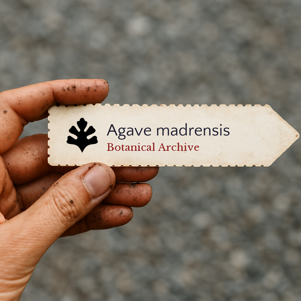 Printed plant label for Agave madrensis held by hand with soil on fingers