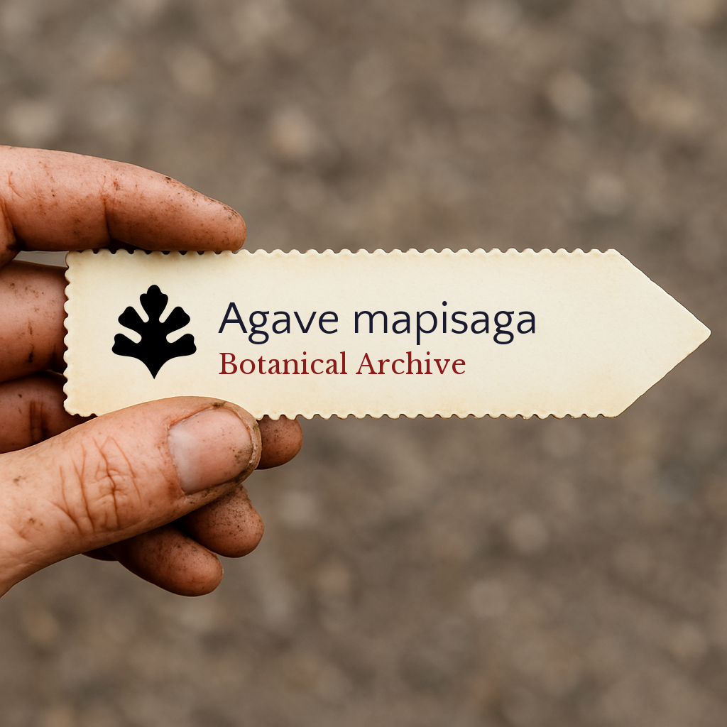 Etichetta stampata per pianta di Agave mapisaga tenuta da una mano sporca con sfondo sfocato