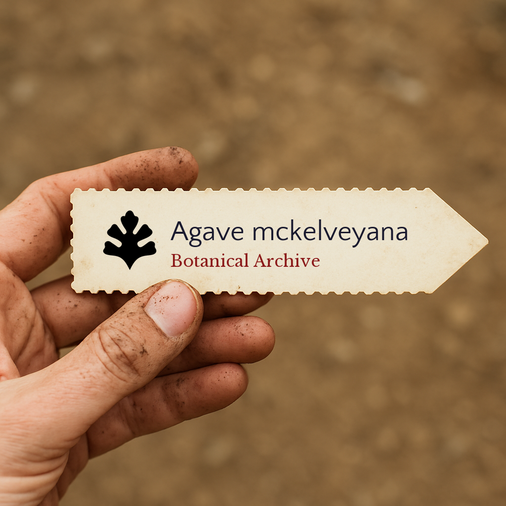 Printed plant label for Agave mckelveyana held by dirty hand with soil background