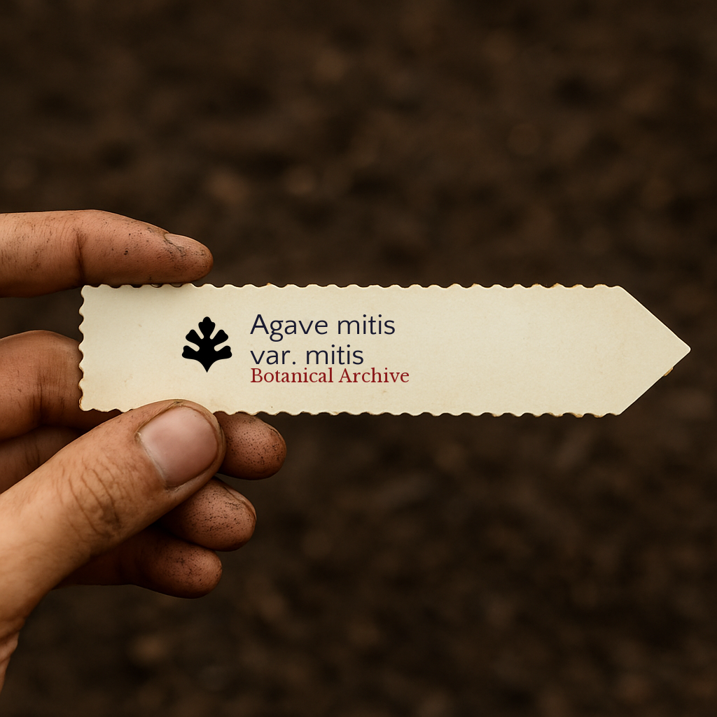 Printed plant label for Agave mitis var. mitis held over soil background