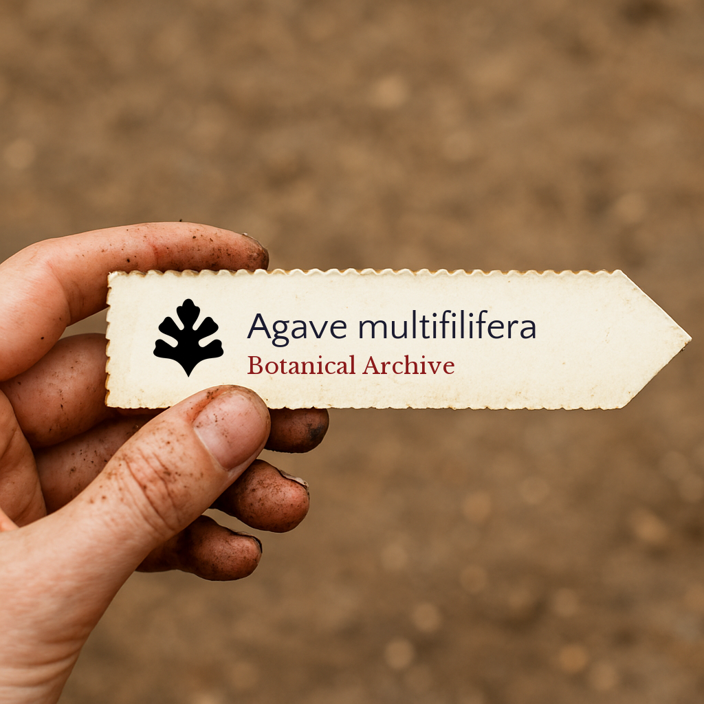 Printed plant label for Agave multifilifera held by a dirt-covered hand outdoors
