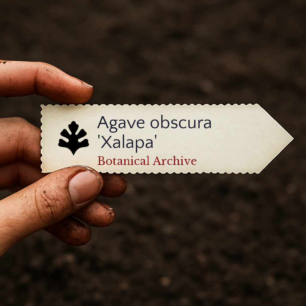 Etichetta plantare stampata per Agave obscura 'Xalapa' su sfondo di terreno