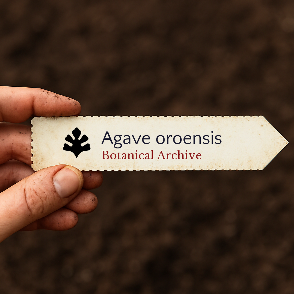 Printed plant label for Agave oroensis with botanical archive logo held over soil background