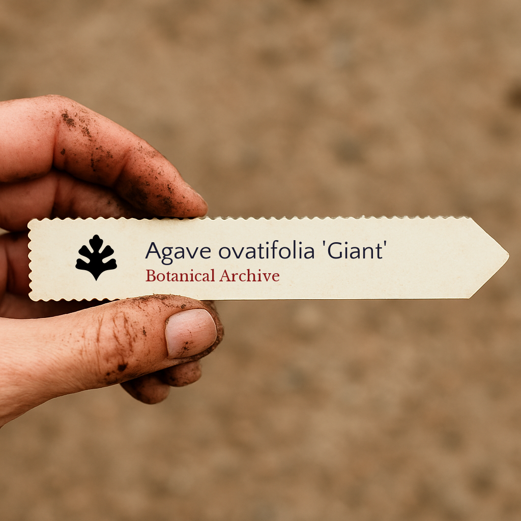 Etichetta stampata per pianta di Agave ovatifolia 'Giant' tenuta da una mano sporca contro uno sfondo di terreno