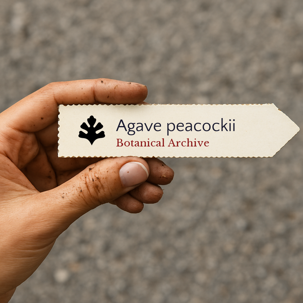 Etichetta stampata per piante Agave peacockii con il logo Botanical Archive tenuta a mano