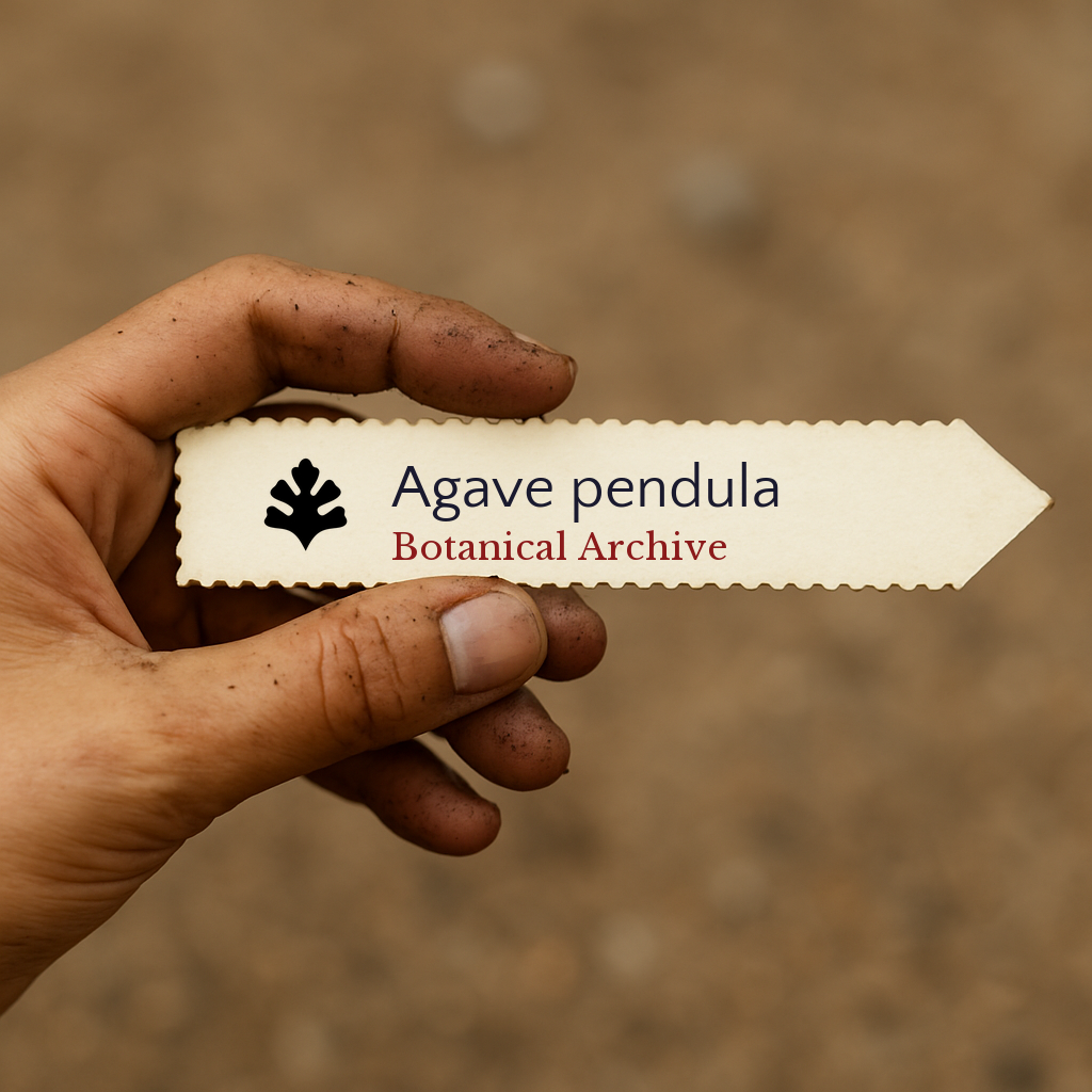 Printed plant label for Agave pendula held by dirty hand outdoors