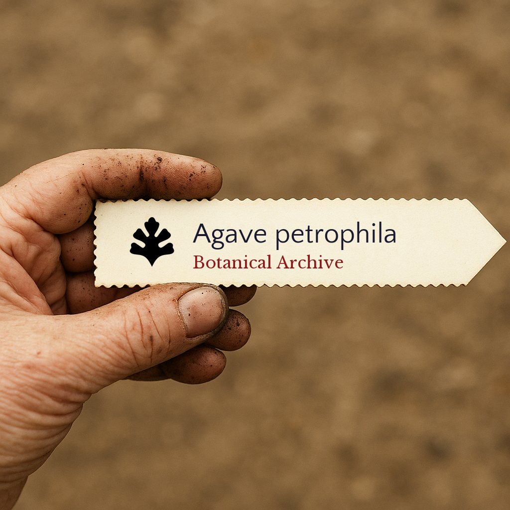 Etichetta stampata per pianta di Agave petrophila tenuta da una mano sporca con sfondo di terreno