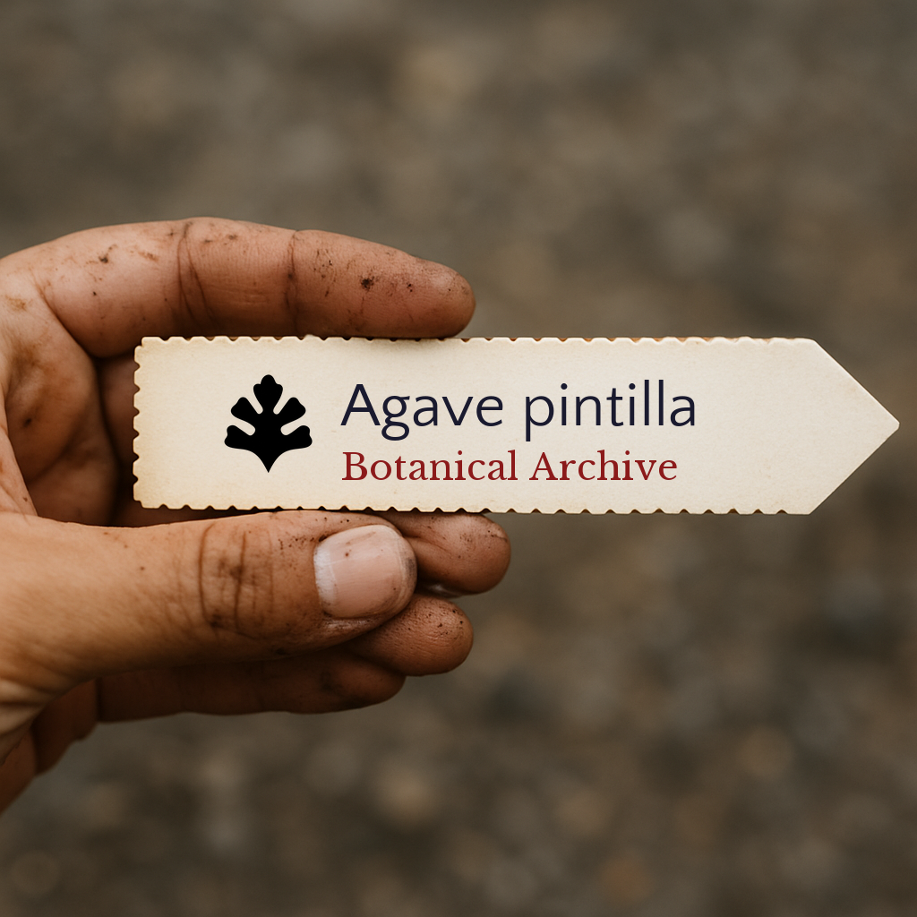 Printed plant label for Agave pintilla held by dirty hand outdoors