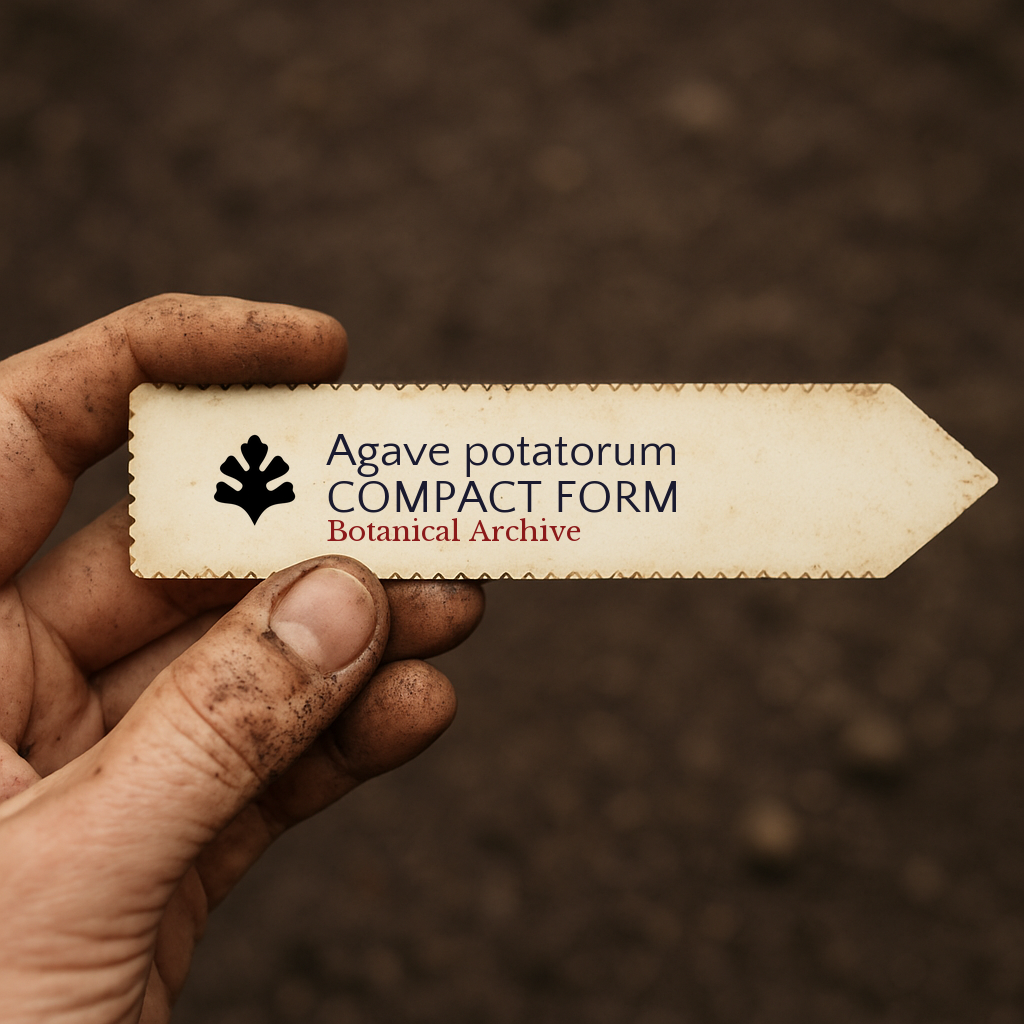 Printed plant label for Agave potatorum held by dirty hand with soil background