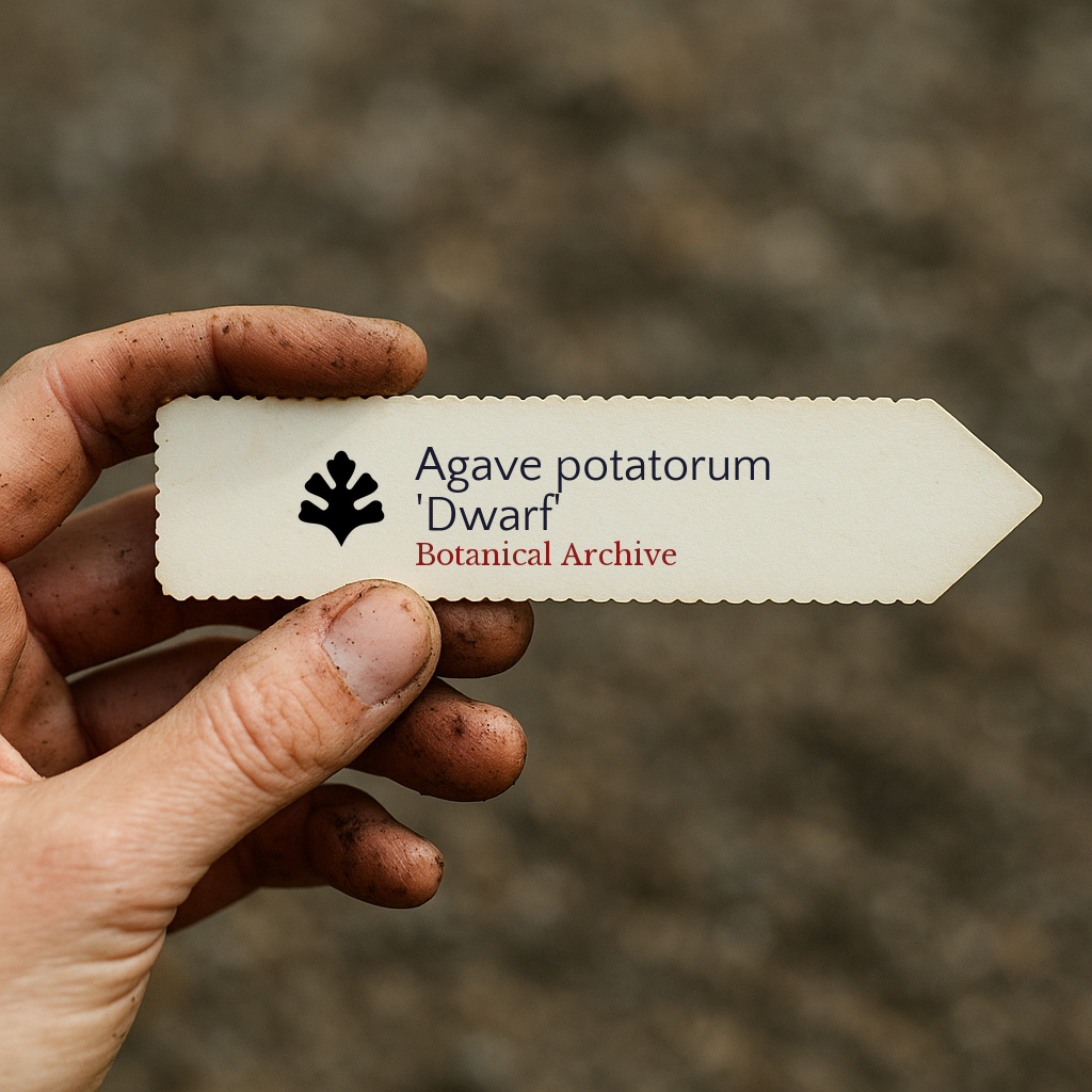 Printed plant label for Agave potatorum 'Dwarf' held by dirty hand outdoors