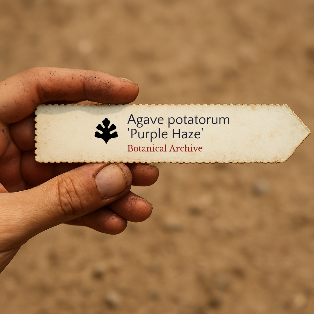 Etichetta stampata della pianta per Agave potatorum 'Purple Haze' tenuta in mano con sfondo di terra
