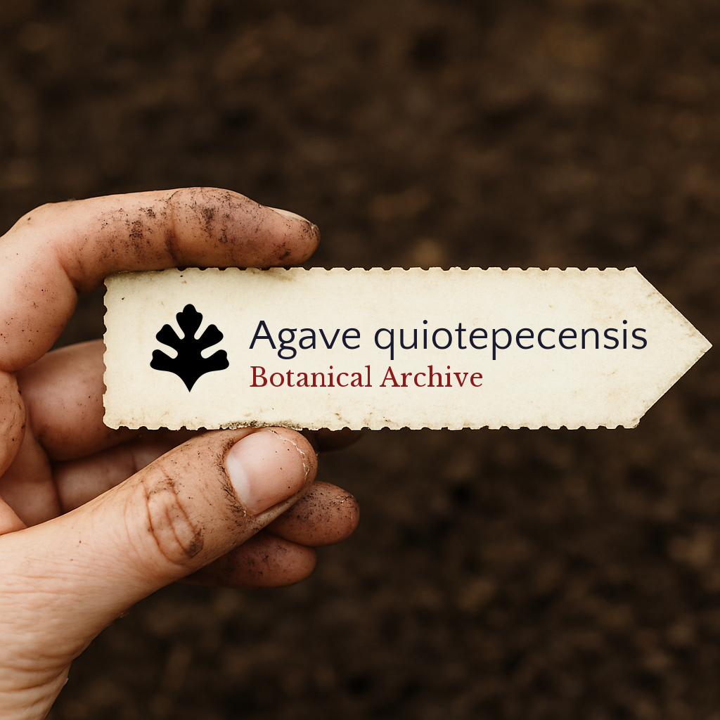 Printed plant label for Agave quiotepecensis held by dirty hand over soil background