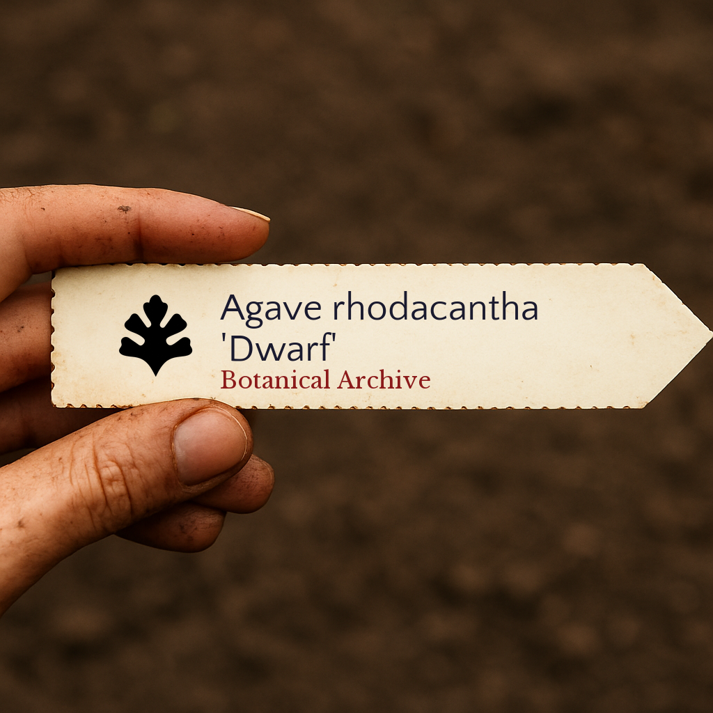 Printed plant label for Agave rhodacantha 'Dwarf' held by hand over soil background