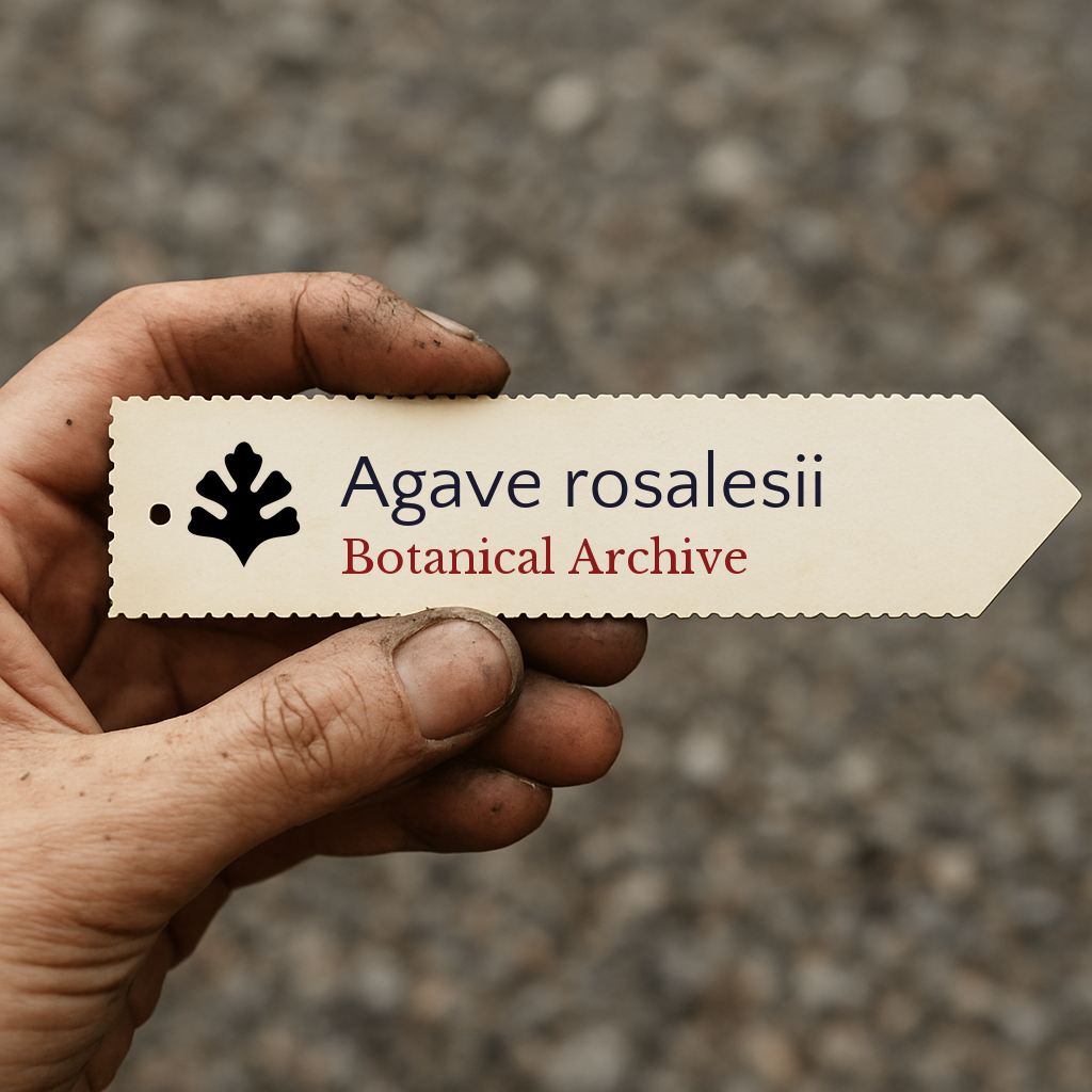 Etichetta stampata per pianta di Agave rosalesii tenuta da mano sporca su sfondo di ghiaia