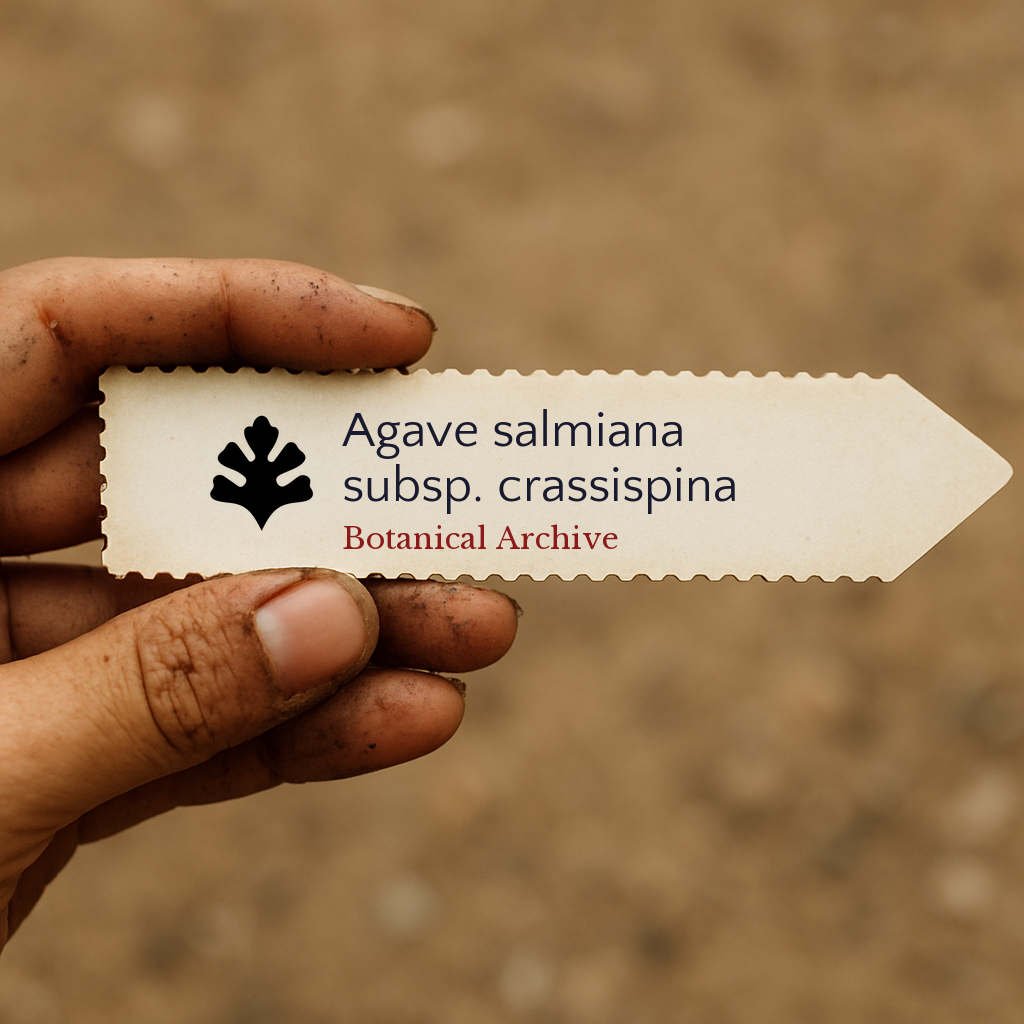 Etichetta stampata per pianta di Agave salmiana subsp. crassispina tenuta da una mano sporca all'aperto