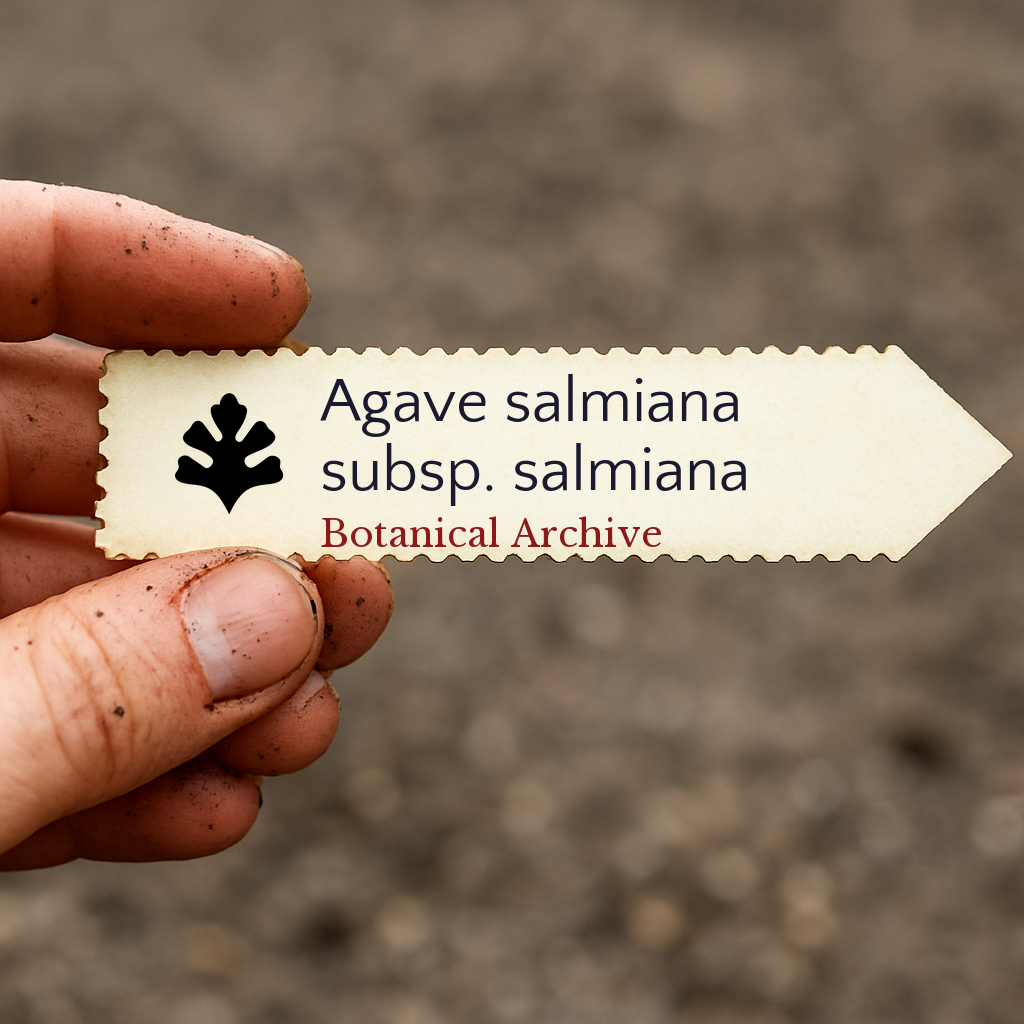 Etichetta stampata per pianta di Agave salmiana subsp. salmiana tenuta da mano sporca all'aperto