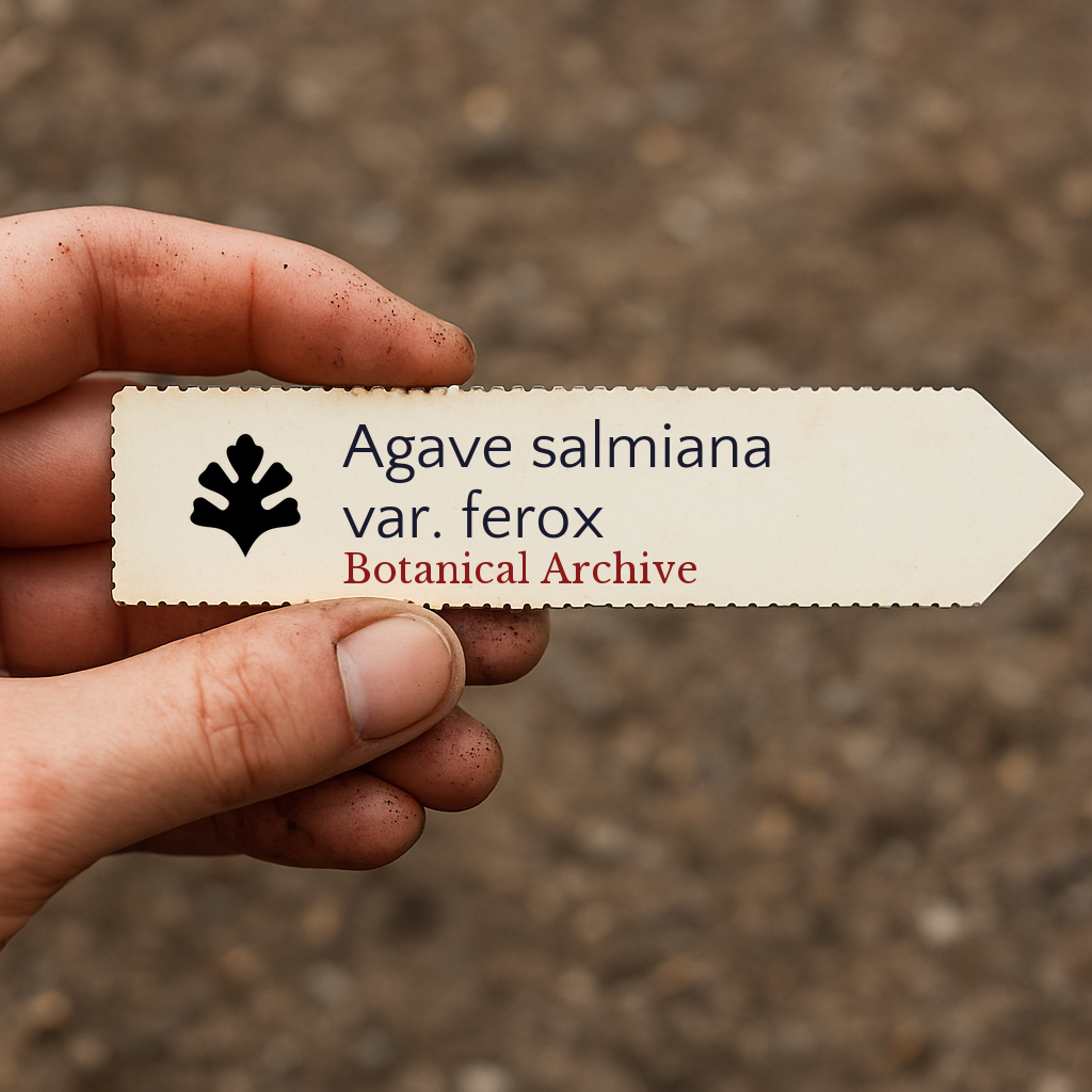 Etichetta vegetale stampata per Agave salmiana var. ferox tenuta a mano su sfondo di terreno