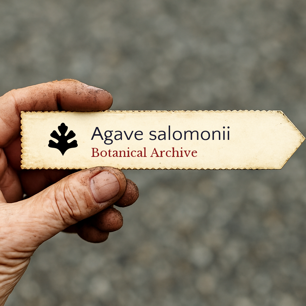 Etichetta per pianta stampata per Agave salomonii tenuta a mano con sfondo di terra