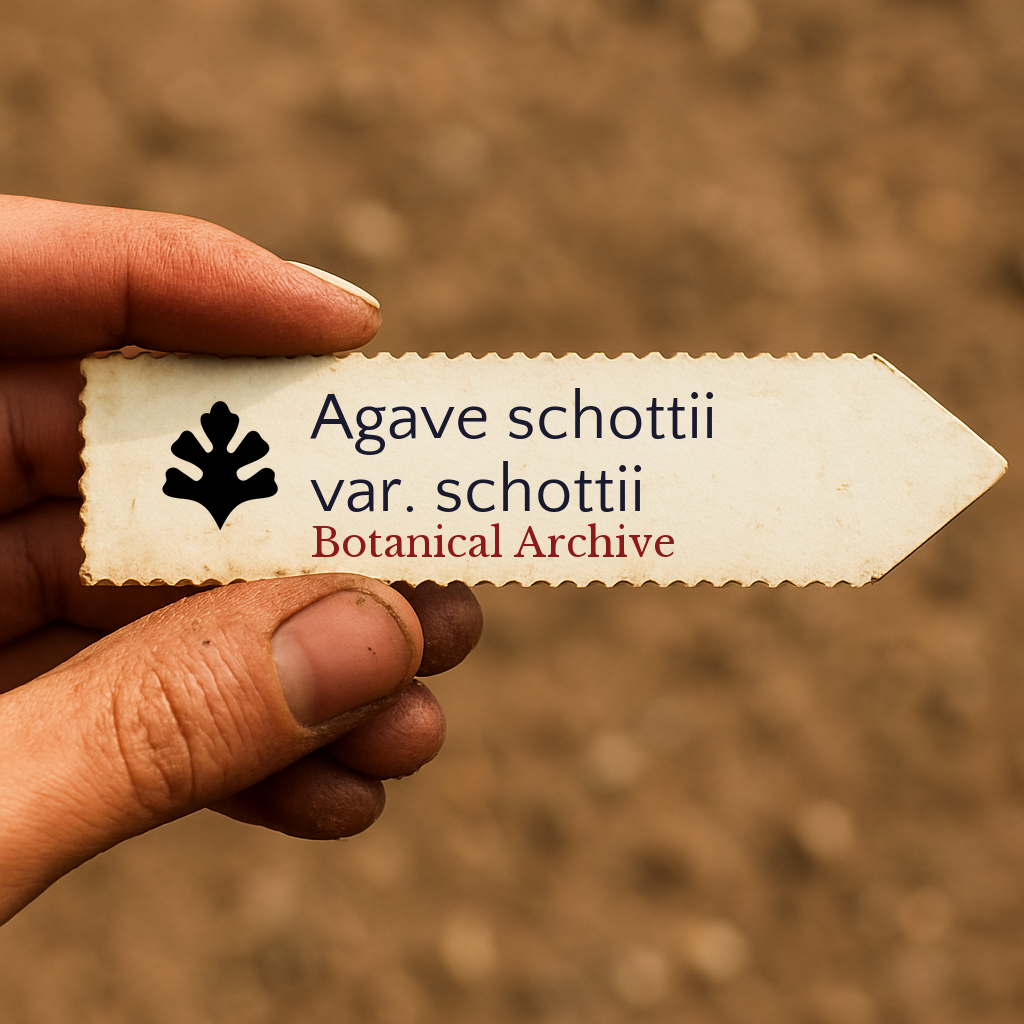 Etichetta della pianta stampata per Agave schottii var. schottii tenuta a mano con sfondo di terreno