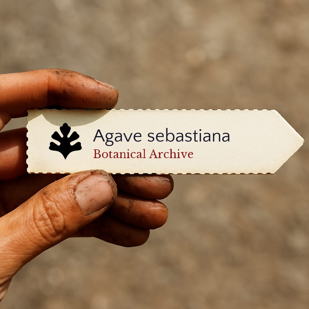 Etichetta piantina stampata per Agave sebastiana tenuta in mano con sfondo di terra