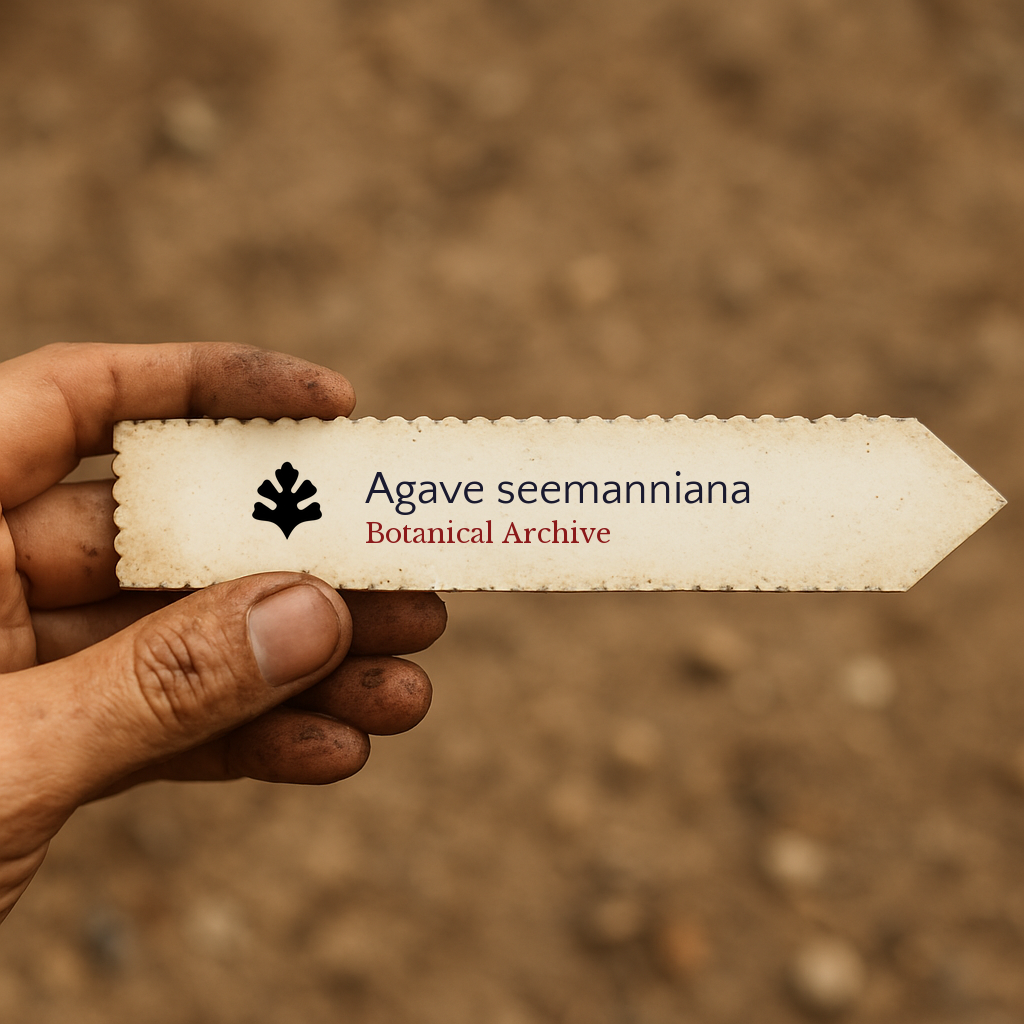 Printed plant label for Agave seemanniana held by hand with soil background