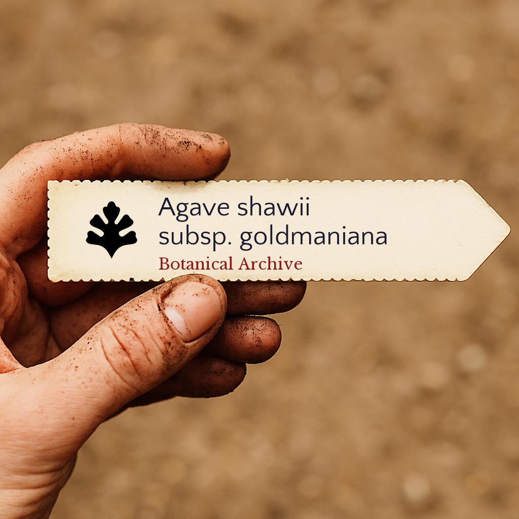 Etichetta per pianta stampata per Agave shawii subsp. goldmaniana tenuta da una mano sporca all'aperto