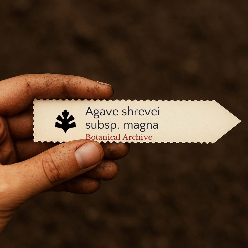 Printed plant label for Agave shrevei subsp. magna held by dirty hand over soil background