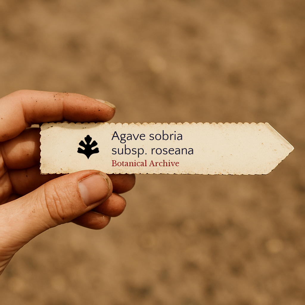Printed plant label for Agave sobria subsp. roseana held by hand with soil background
