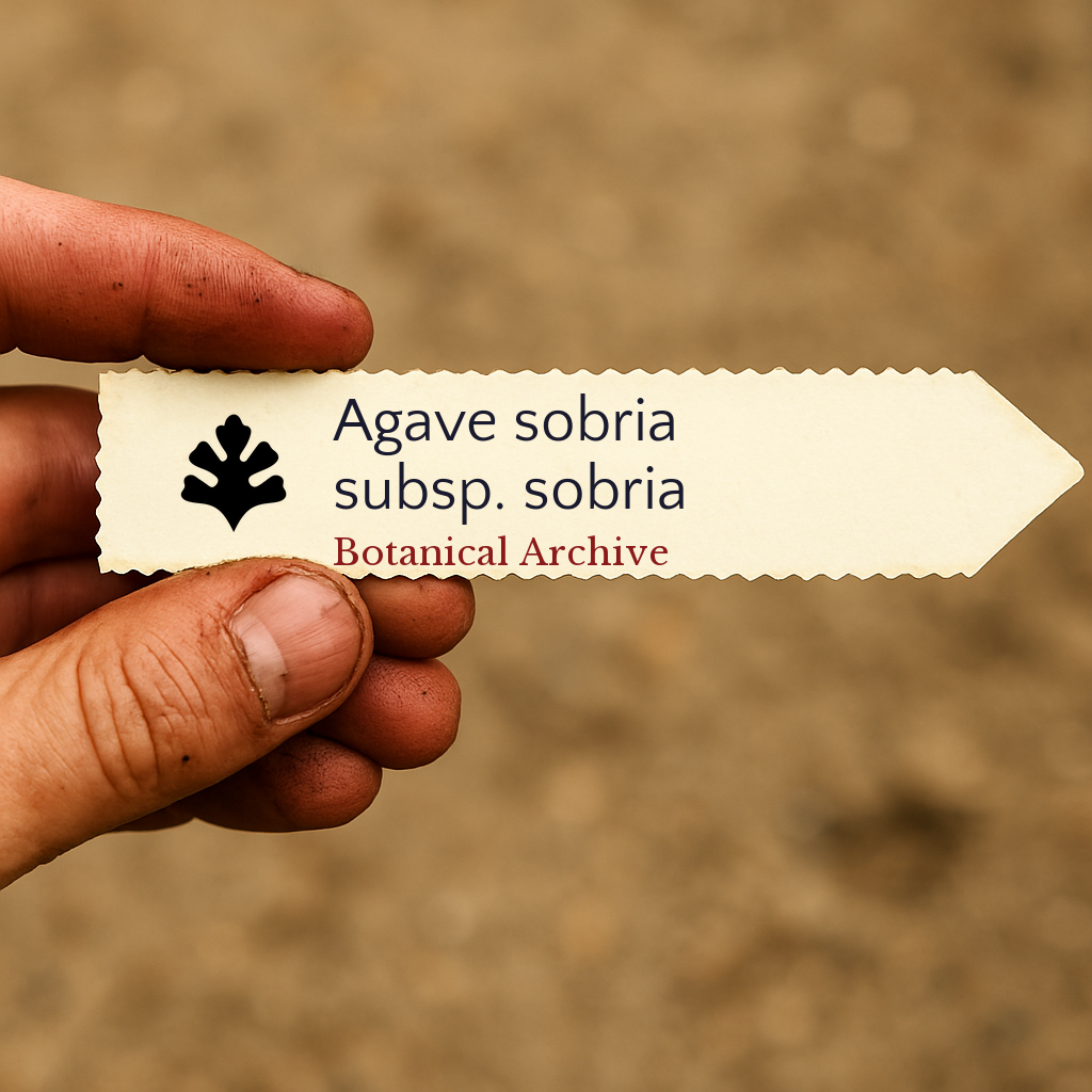 Etichetta per pianta stampata per Agave sobria subsp. sobria tenuta a mano con sfondo di terreno sfocato