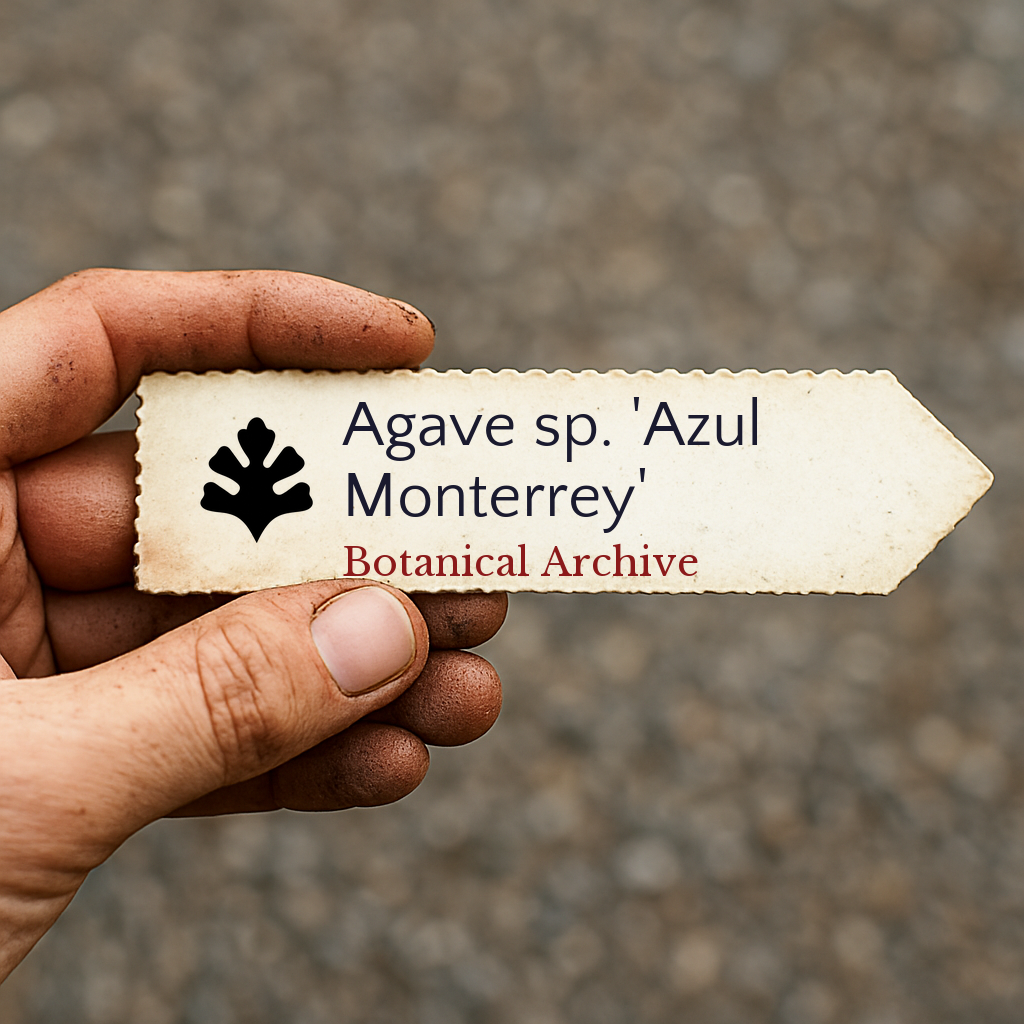 Printed plant label for Agave sp. 'Azul Monterrey' held by hand with dirt background