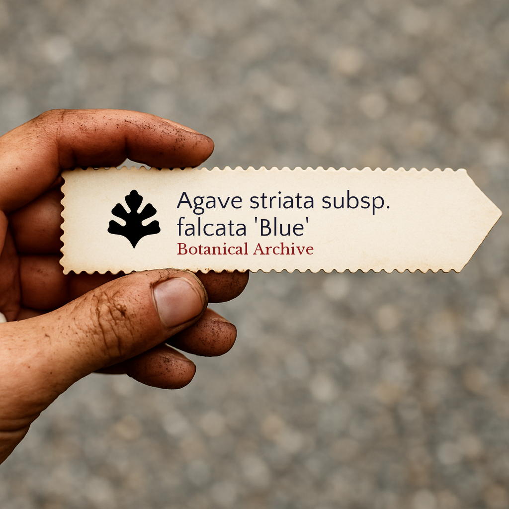 Printed plant label for Agave striata subsp. falcata 'Blue' held by dirty hand