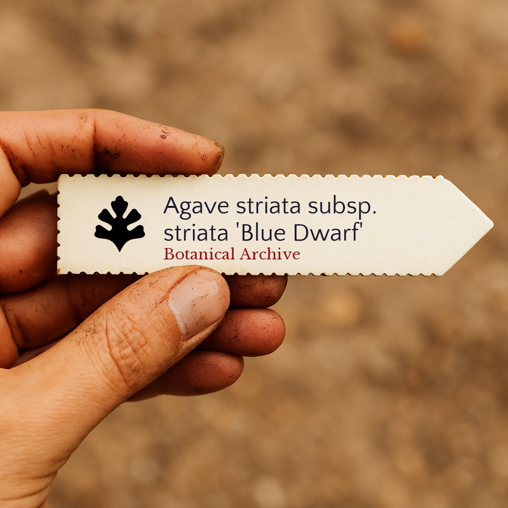 Etichetta stampata per pianta di Agave striata subsp. striata 'Blue Dwarf' tenuta in mano con sfondo di terreno