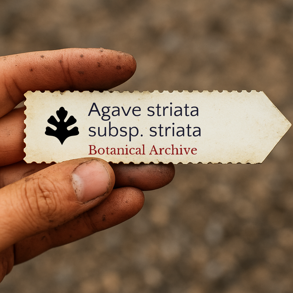 Printed plant label for Agave striata subsp. striata held by dirty hand outdoors