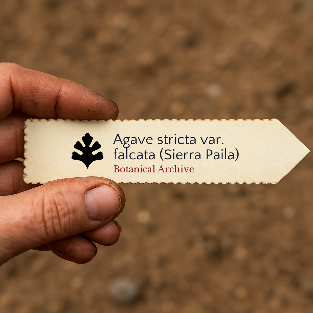 Printed plant label for Agave stricta var. falcata (Sierra Paila) held in hand over soil background
