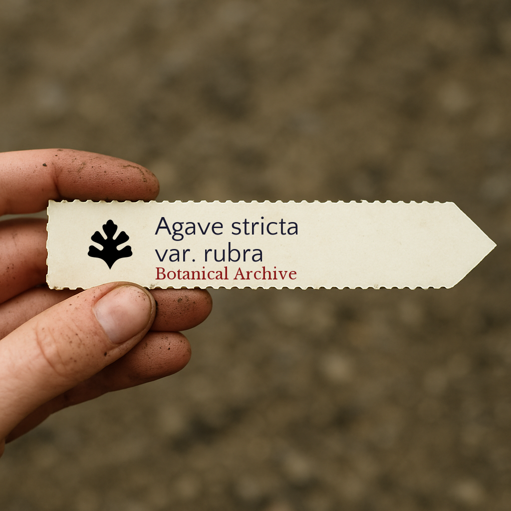 Etichetta per piante stampata per Agave stricta var. rubra tenuta in mano con sfondo di terreno
