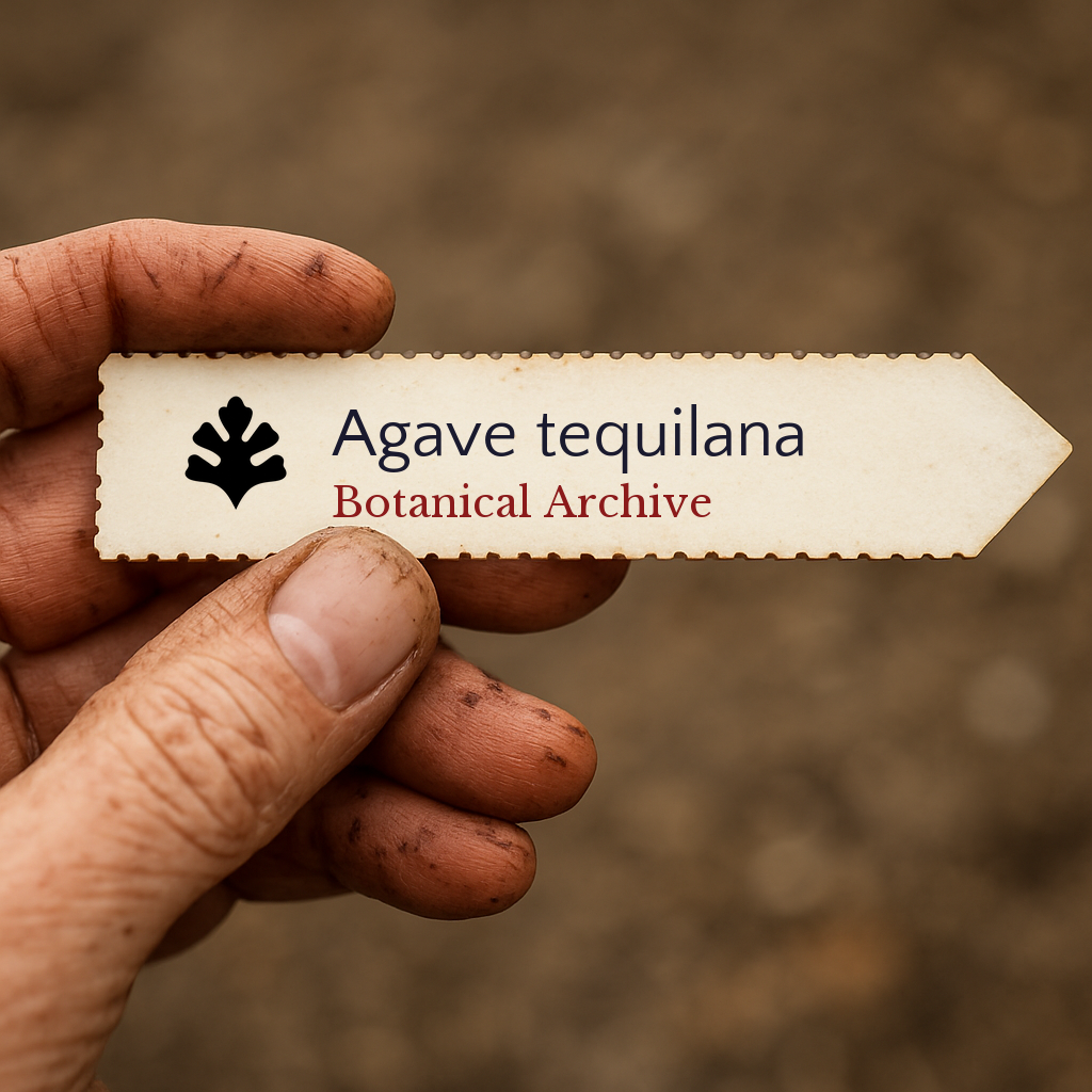 Etichetta stampata per pianta di Agave tequilana tenuta dalla mano sporca di un giardiniere all'aperto