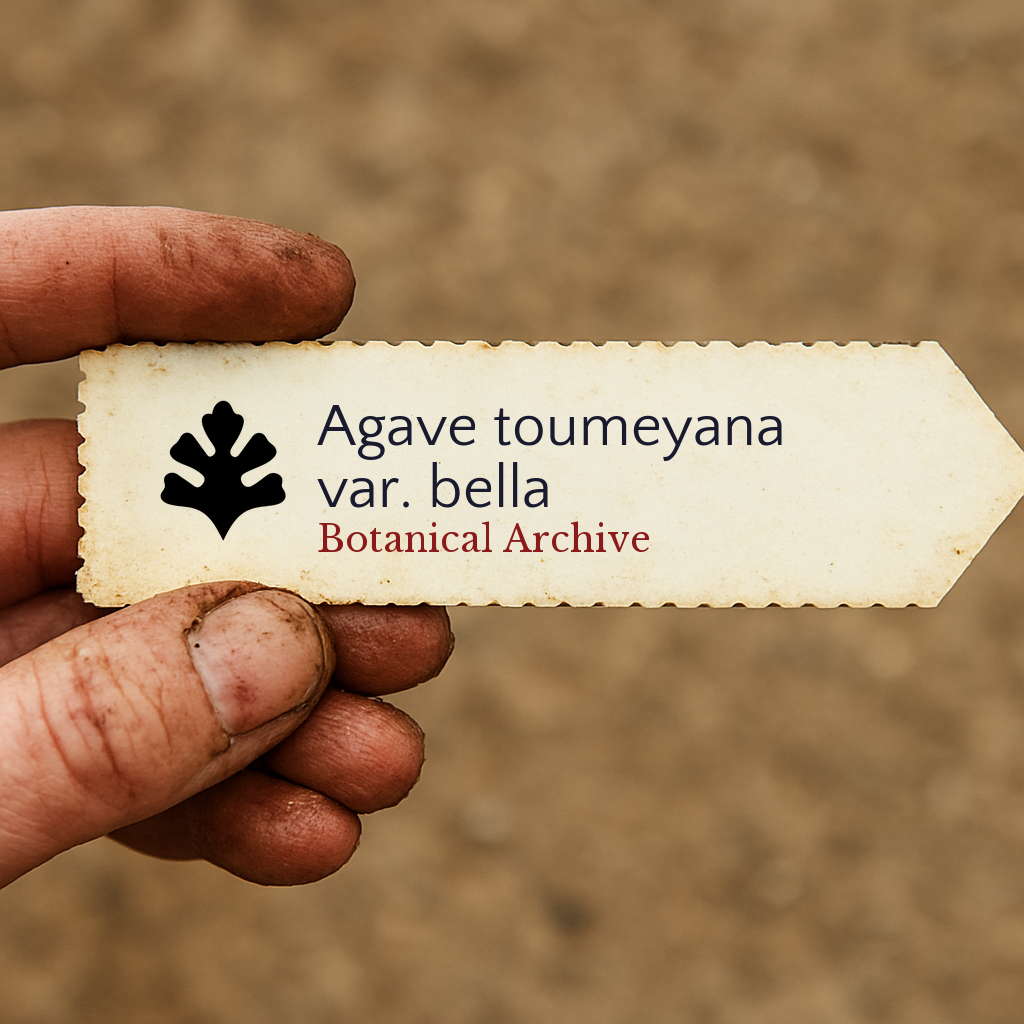 Printed plant label for Agave toumeyana var. bella held by dirty hand outdoors