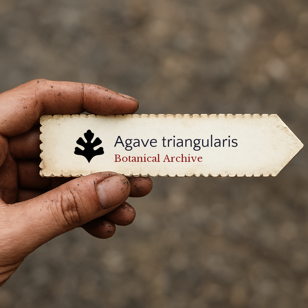 Etichetta stampata per pianta di Agave triangularis tenuta da mano sporca all'aperto