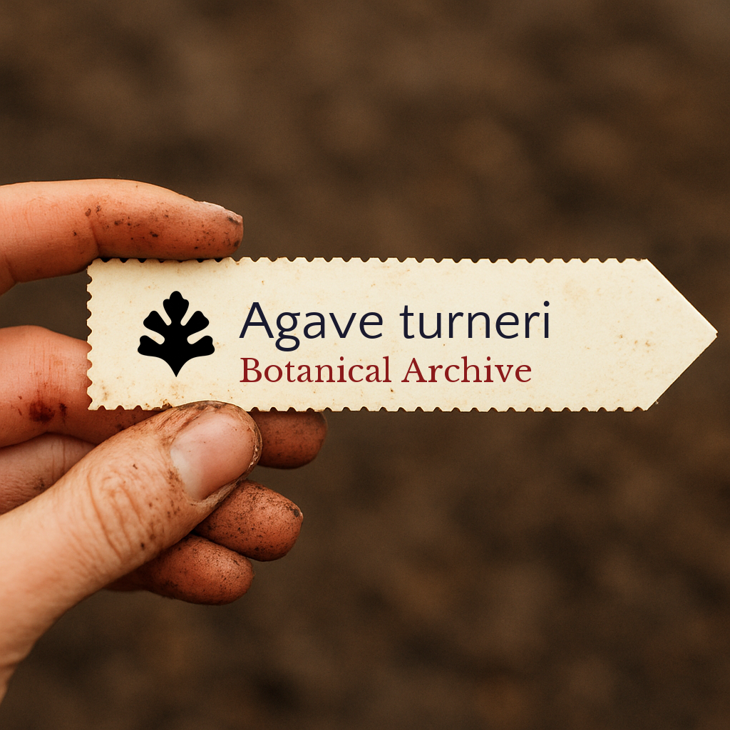 Printed plant label for Agave turneri held by dirty hand over soil background