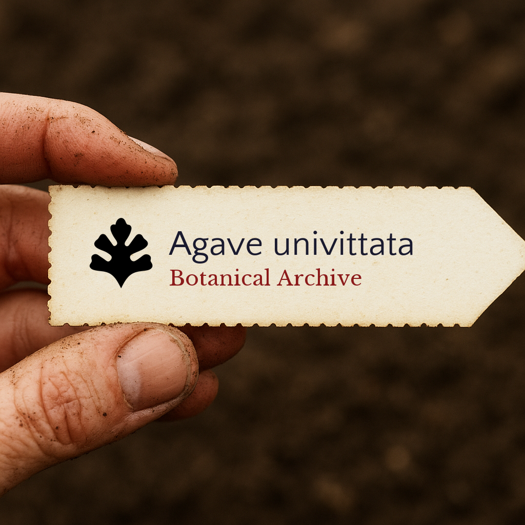 Etichetta stampata per pianta di Agave univittata tenuta a mano su sfondo di terreno
