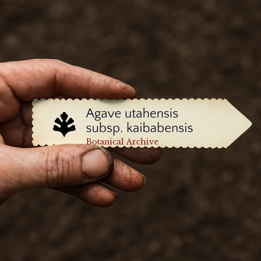 Etichetta piantina stampata per Agave utahensis subsp. kaibabensis su sfondo di terra