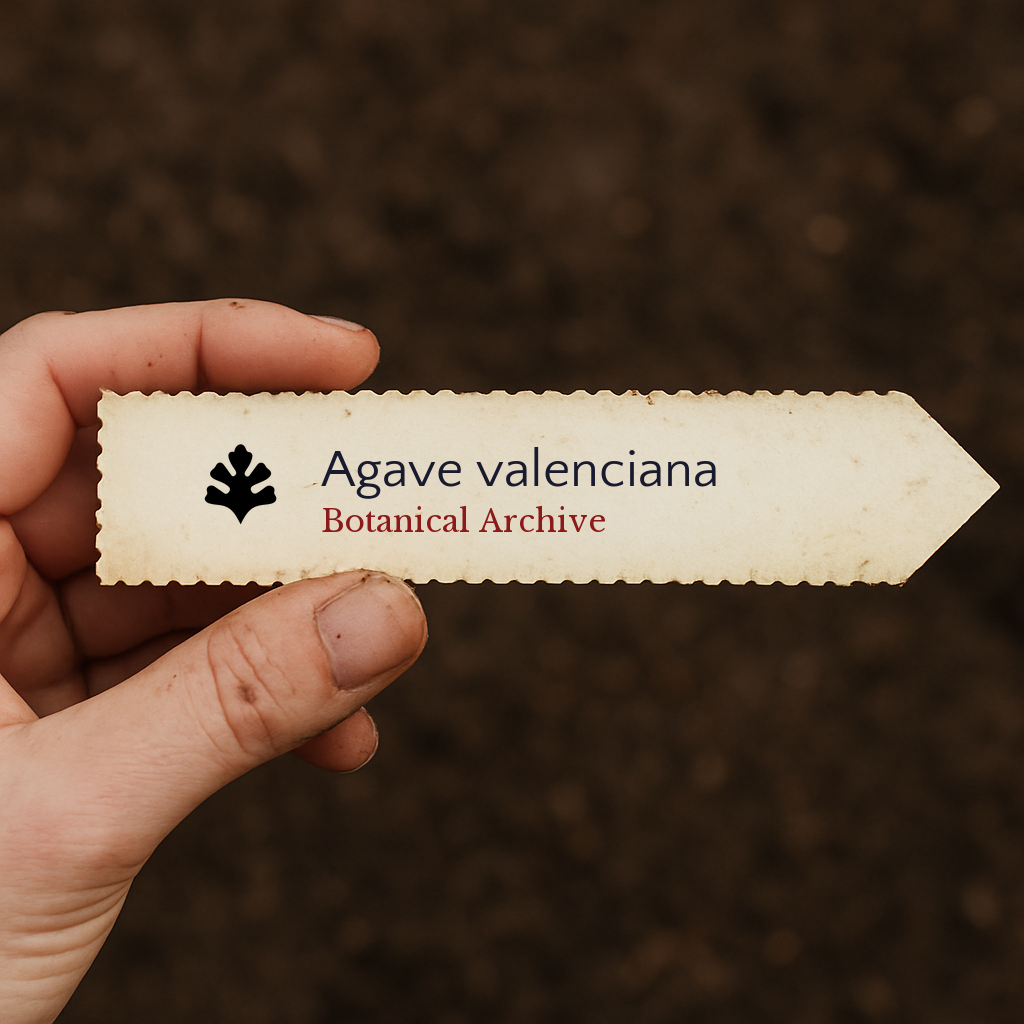 Etichetta per pianta stampata per Agave valenciana tenuta sopra il terreno sullo sfondo