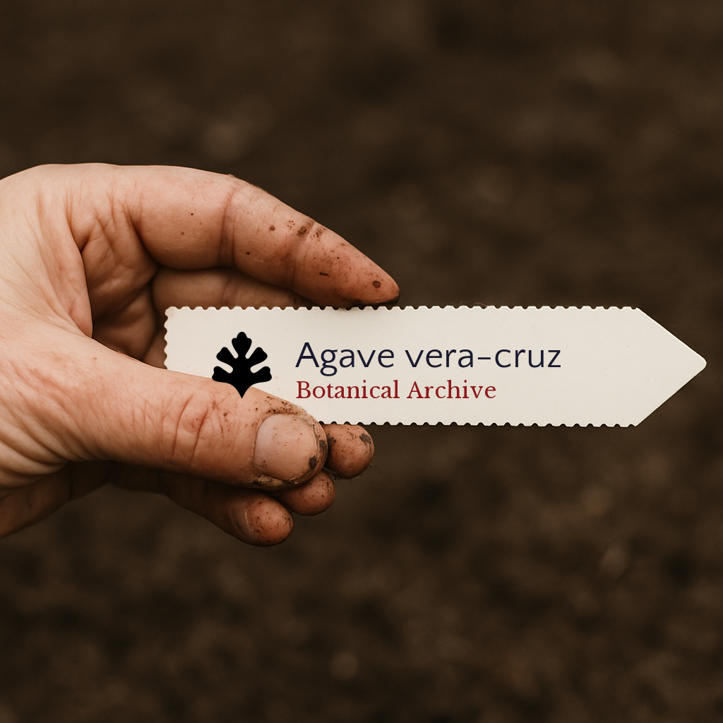 Printed plant label for Agave vera-cruz held by dirty hand over soil background