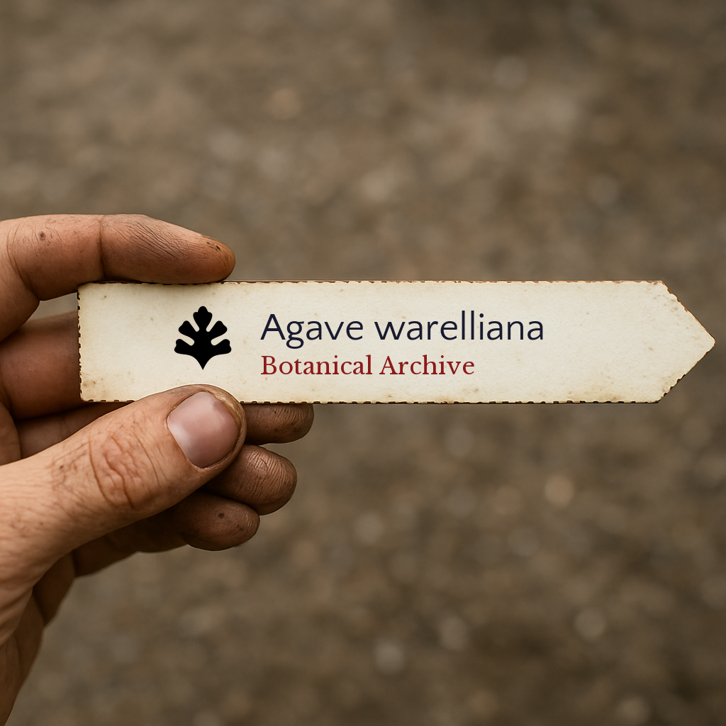 Etichetta botanica stampata per Agave warelliana tenuta a mano con sfondo sfocato di terreno