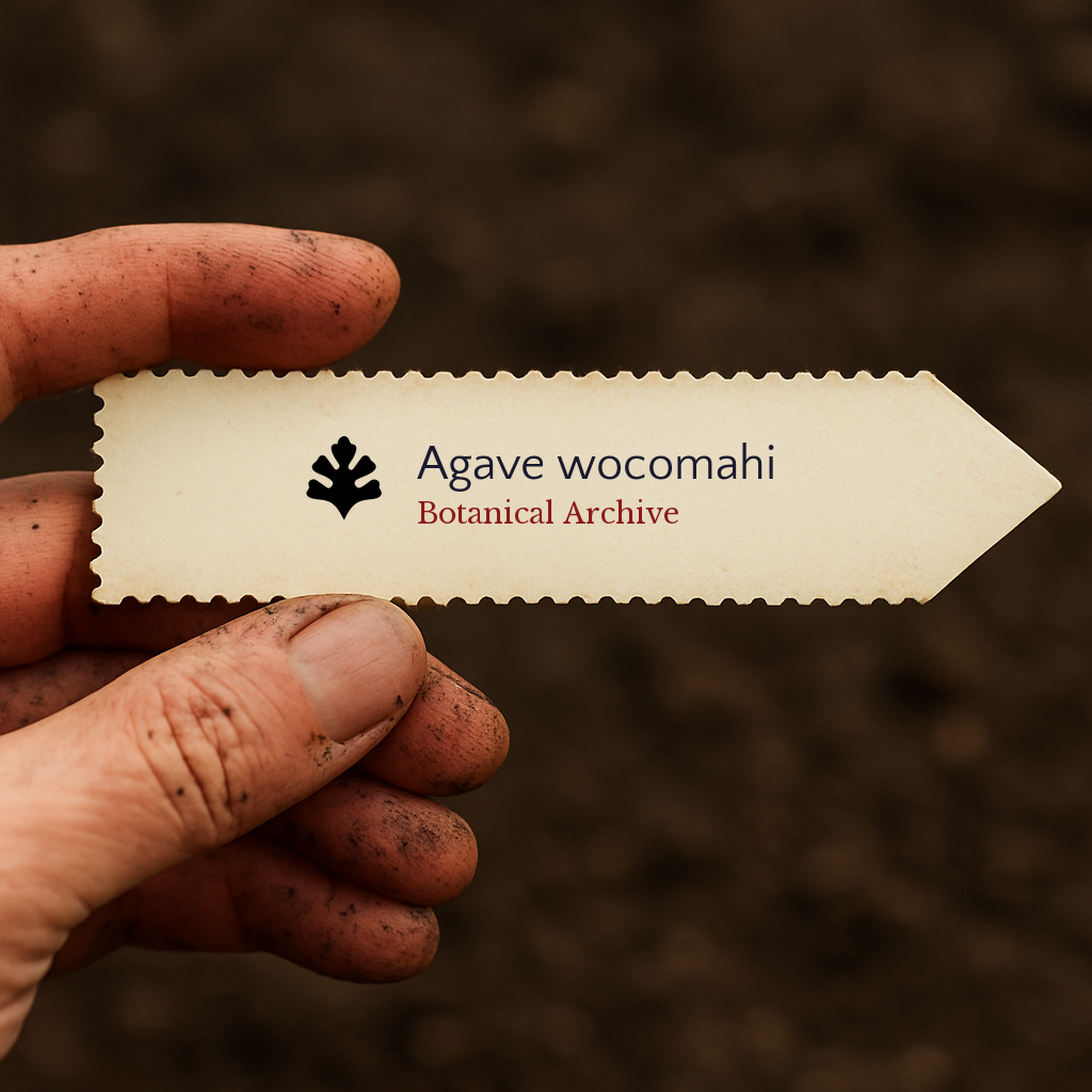 Printed plant label for Agave wocomahi held by dirty hand over soil background
